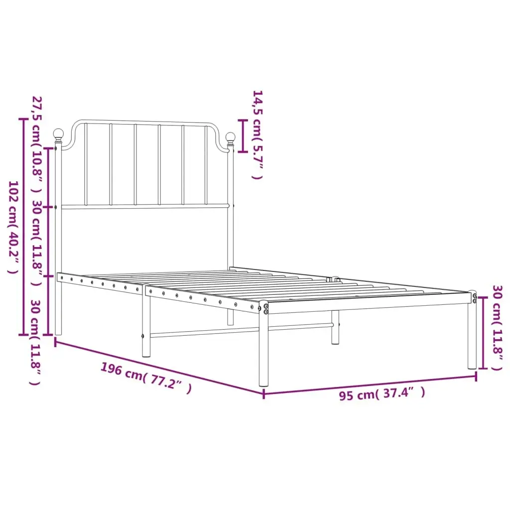 Metal Bed Frame with Headboard White 92x187 cm Single Size 373928