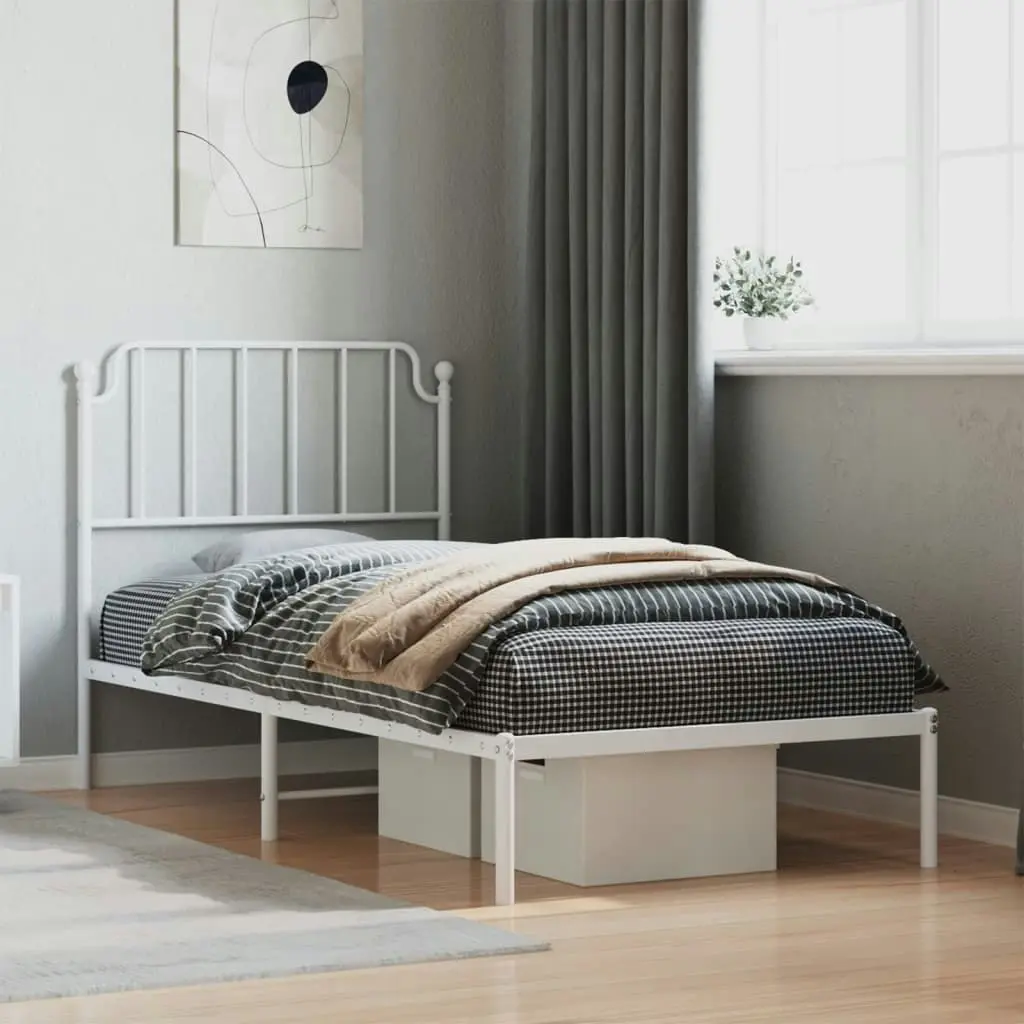 Metal Bed Frame with Headboard White 92x187 cm Single Size 373928