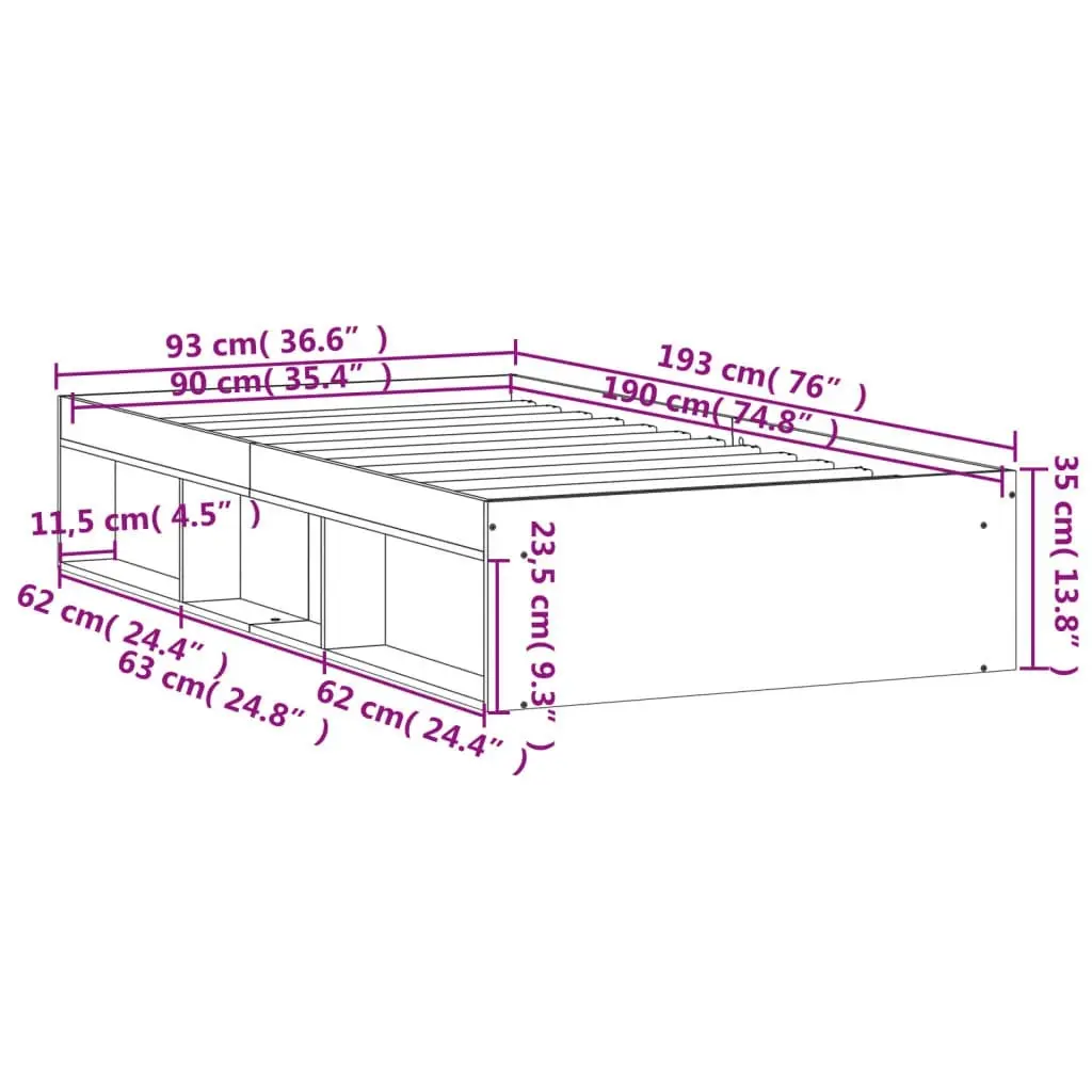 Bed Frame Sonoma Oak 92x187 cm Single Size 3203840