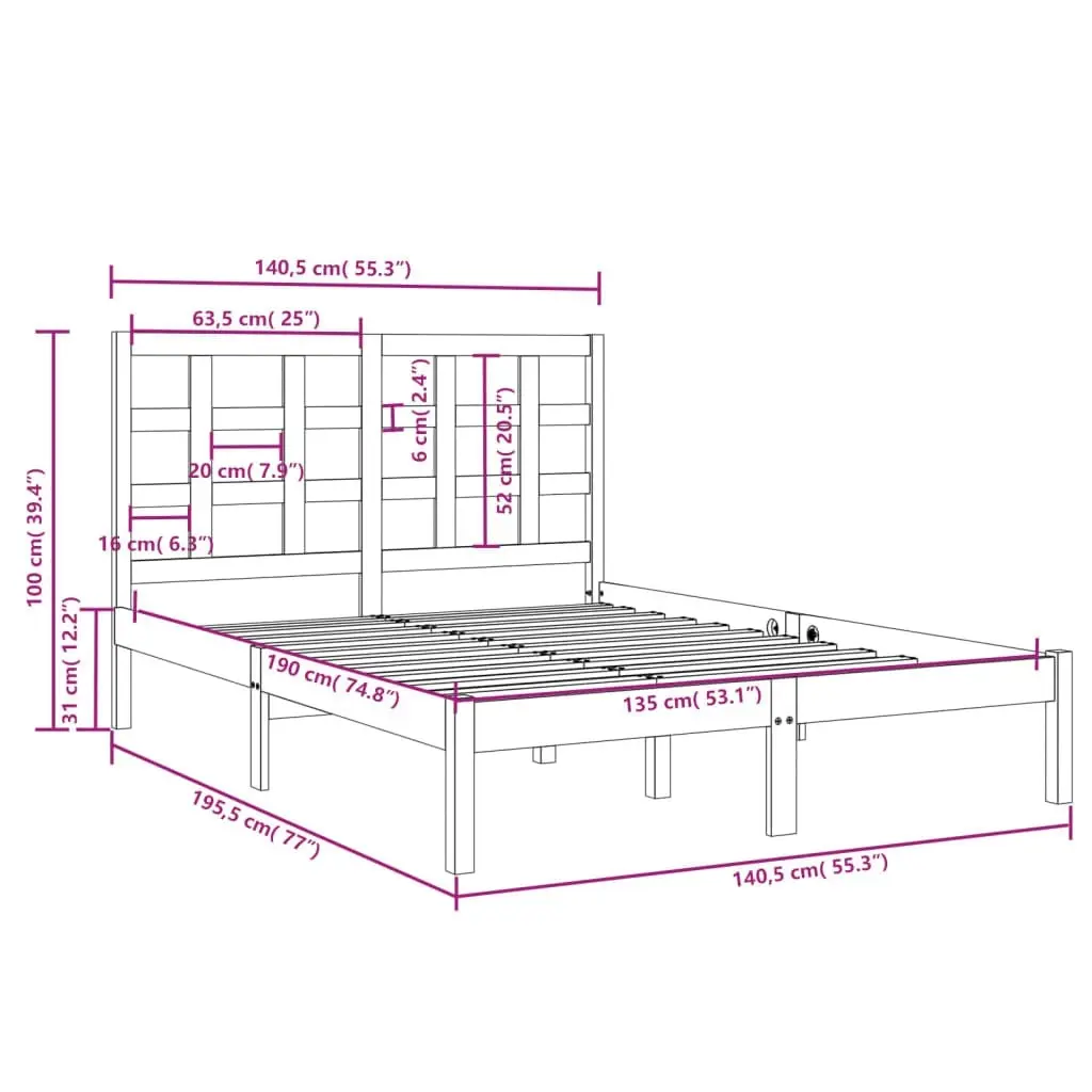 Bed Frame White Solid Wood 137x187 Double Size 3105446