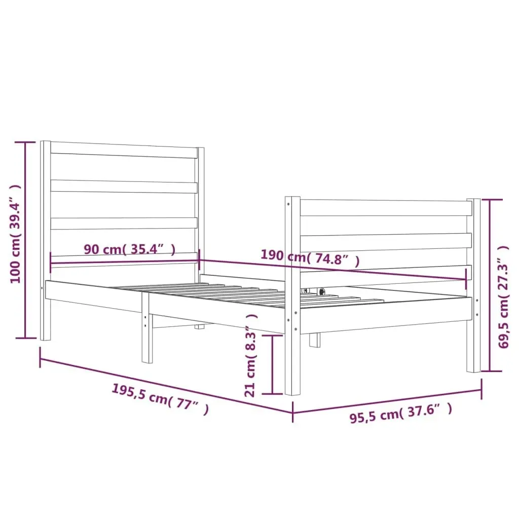 Bed Frame White Solid Wood Pine 92x187 cm Single Size 3104972