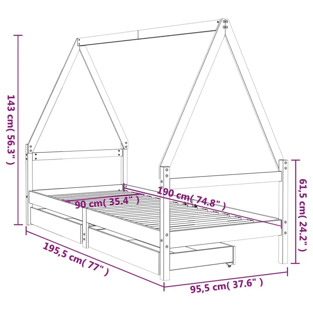 Kids Bed Frame with Drawers White 90x190 cm Solid Wood Pine 834478