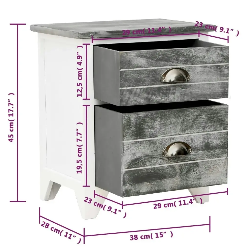 Nightstand Grey and White 38x28x45 cm Paulownia Wood 284047