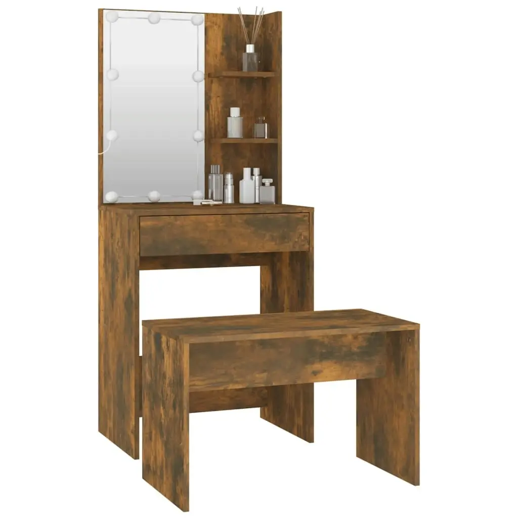 Dressing Table Set with LED Smoked Oak Engineered Wood 3114136