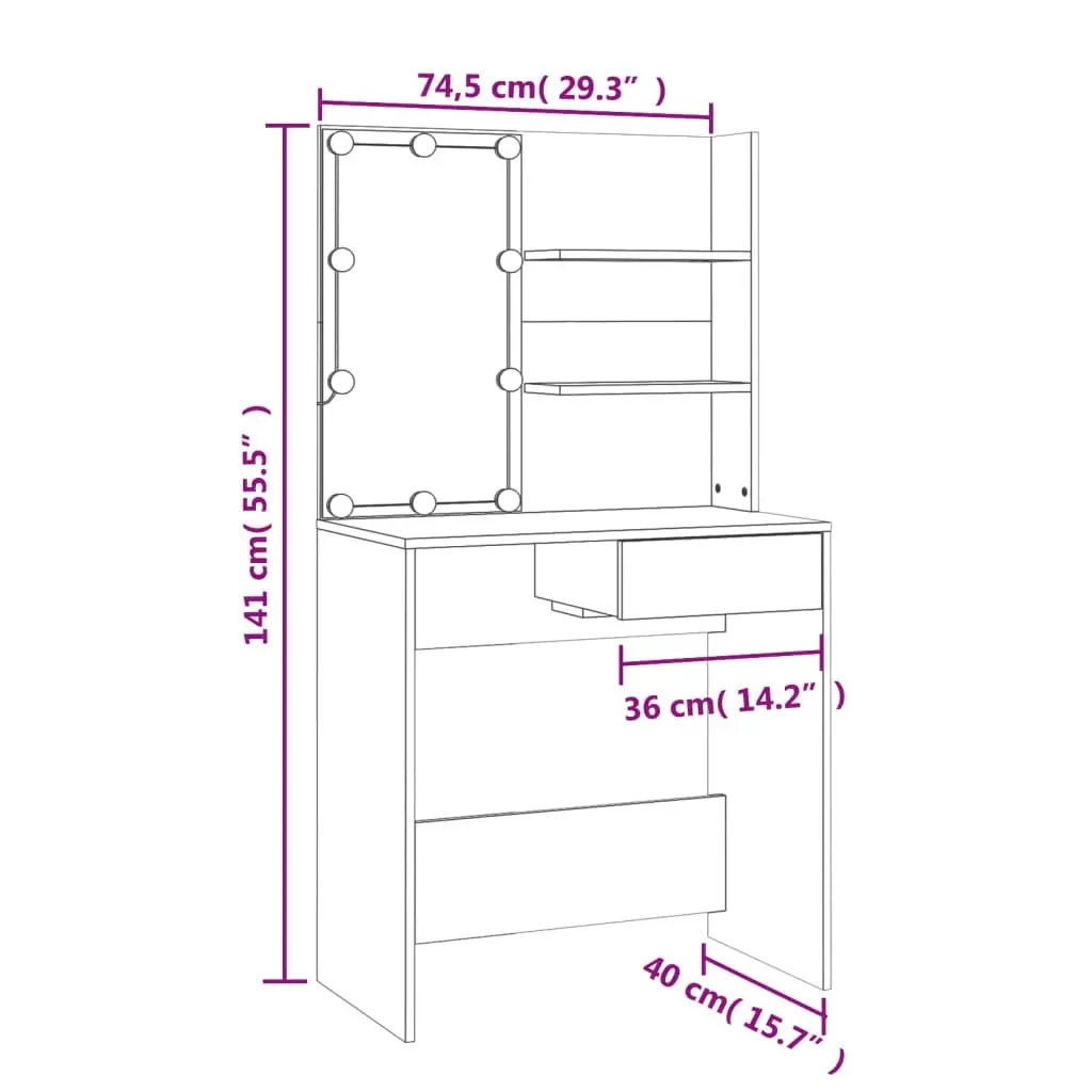 Dressing Table with LED Concrete Grey 74.5x40x141 cm 808805