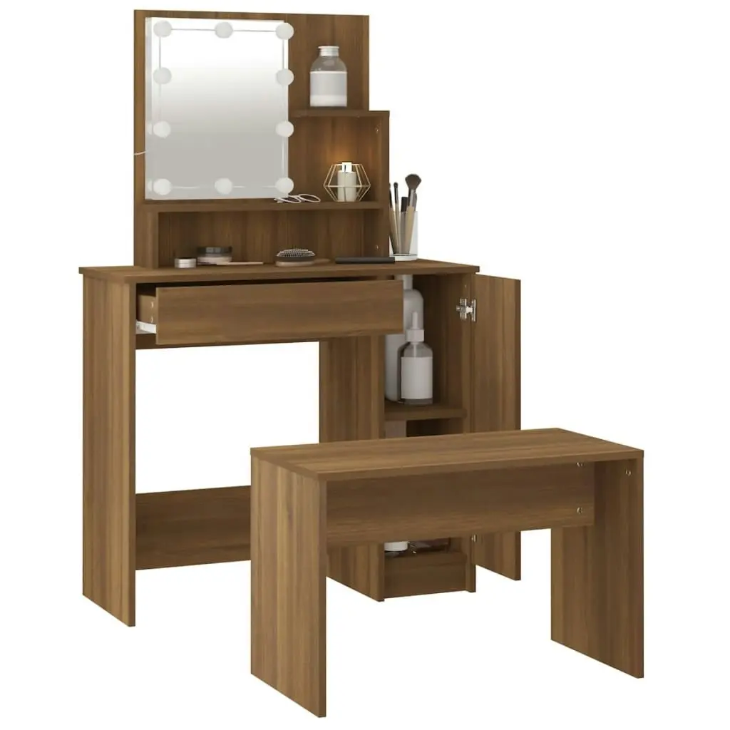 Dressing Table Set with LED Brown Oak Engineered Wood 3114122