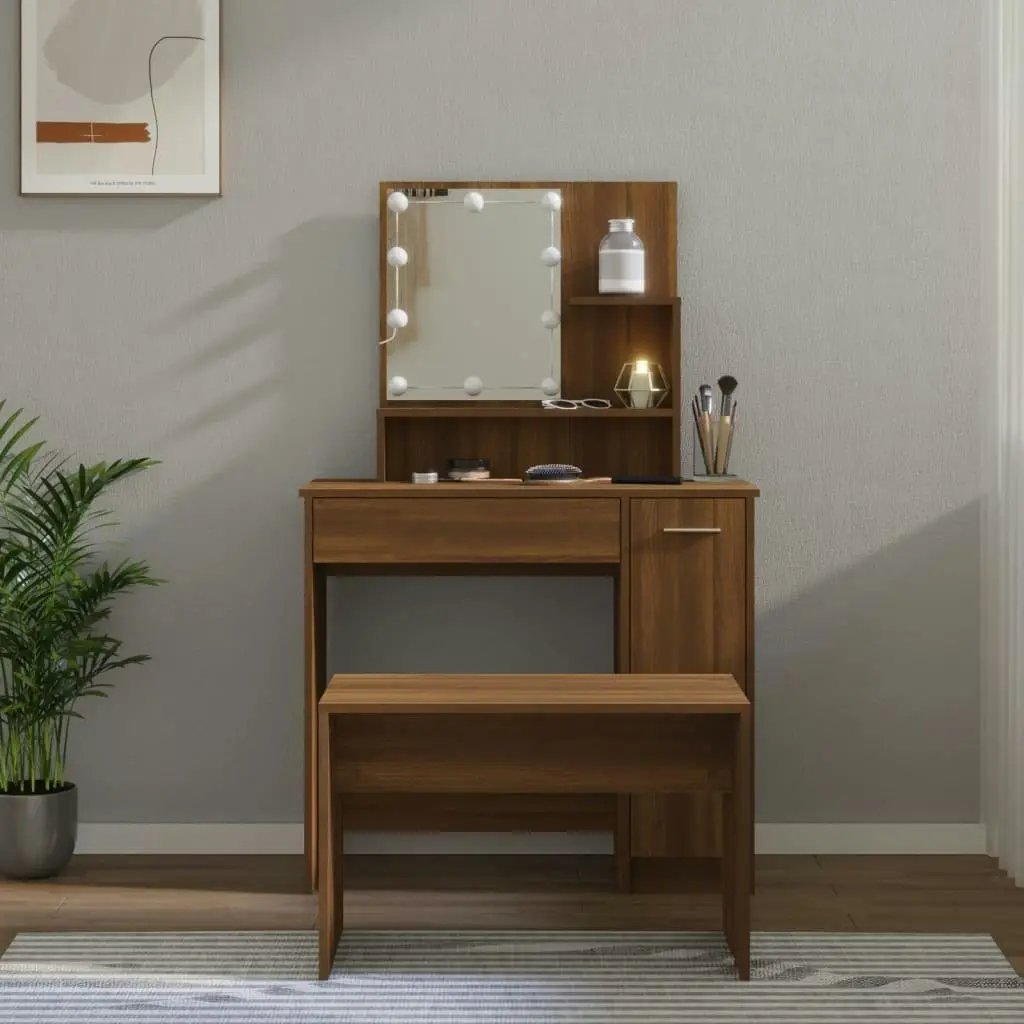 Dressing Table Set with LED Brown Oak Engineered Wood 3114122