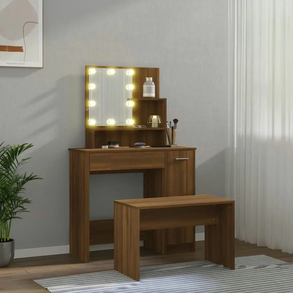 Dressing Table Set with LED Brown Oak Engineered Wood 3114122