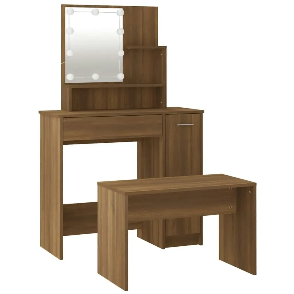 Dressing Table Set with LED Brown Oak Engineered Wood 3114122