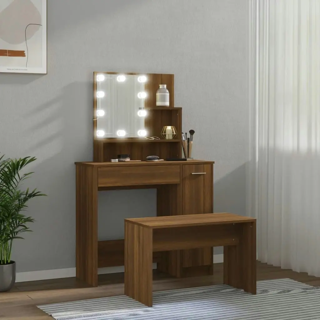 Dressing Table Set with LED Brown Oak Engineered Wood 3114122