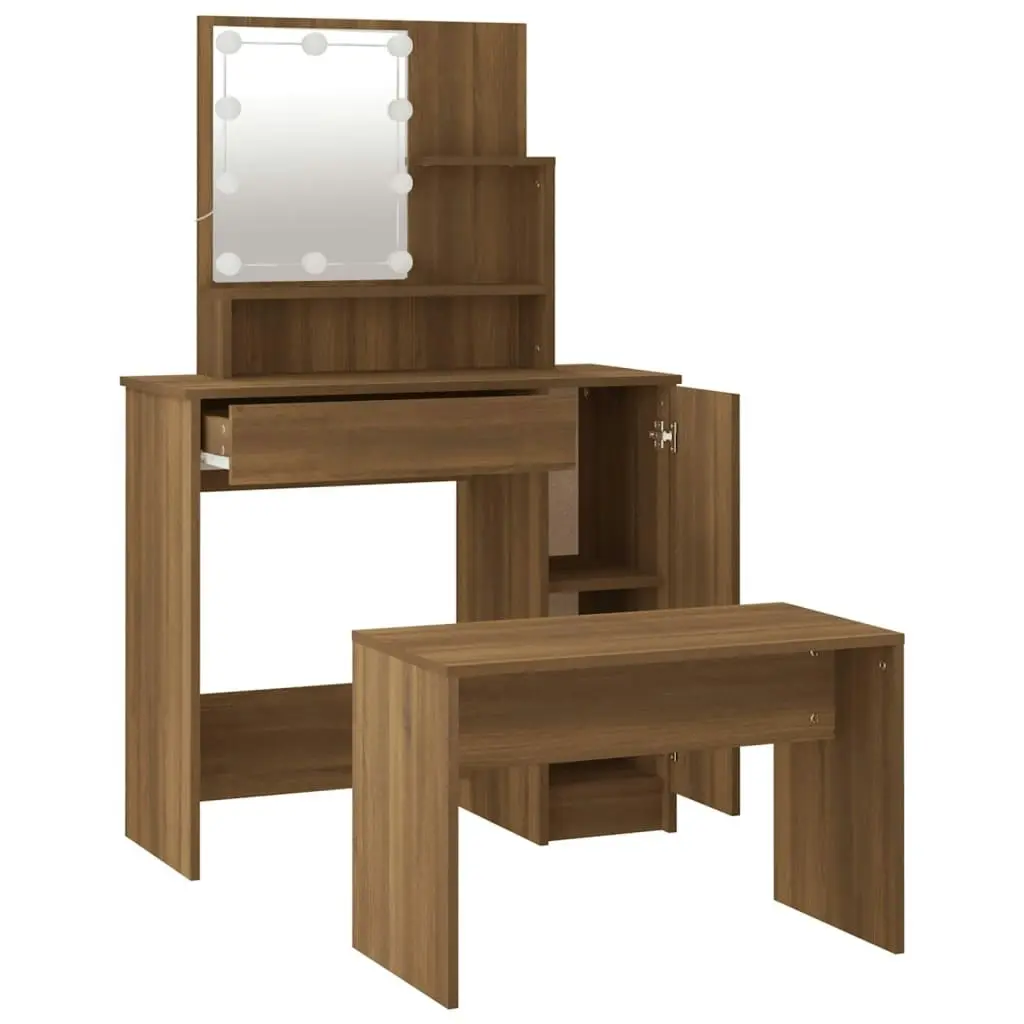 Dressing Table Set with LED Brown Oak Engineered Wood 3114122