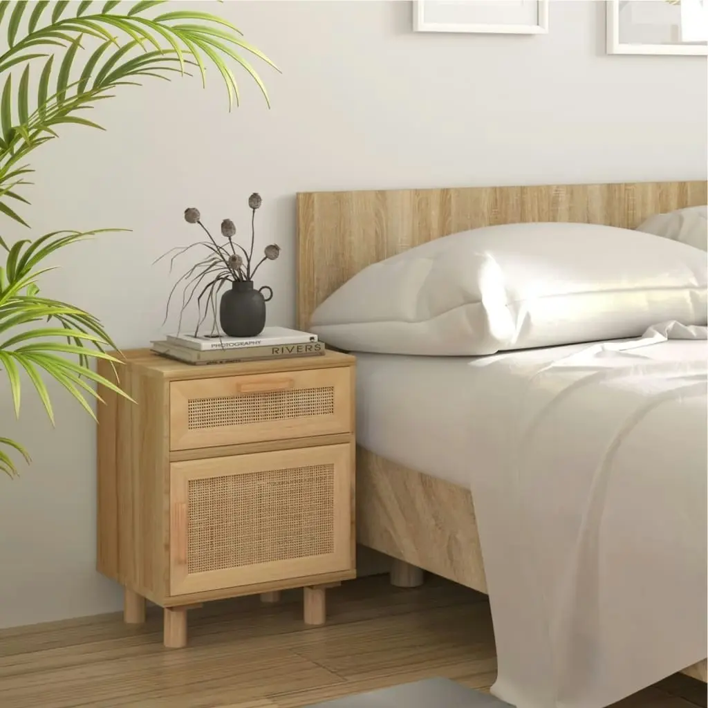 Bedside Cabinet Brown Solid Wood Pine and Natural Rattan 345610