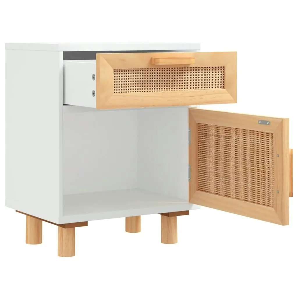 Bedside Cabinet White Solid Wood Pine and Natural Rattan 345606