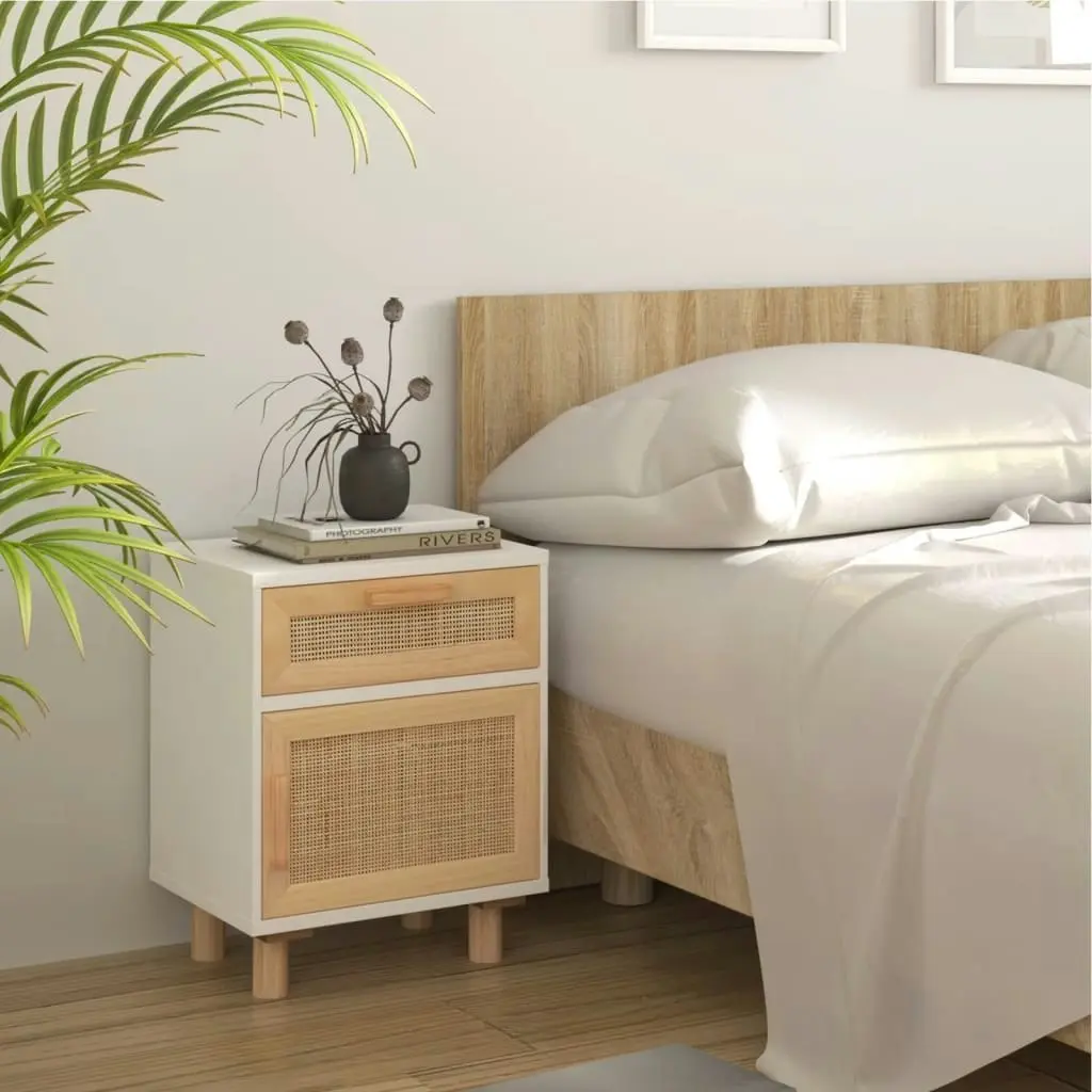 Bedside Cabinet White Solid Wood Pine and Natural Rattan 345606