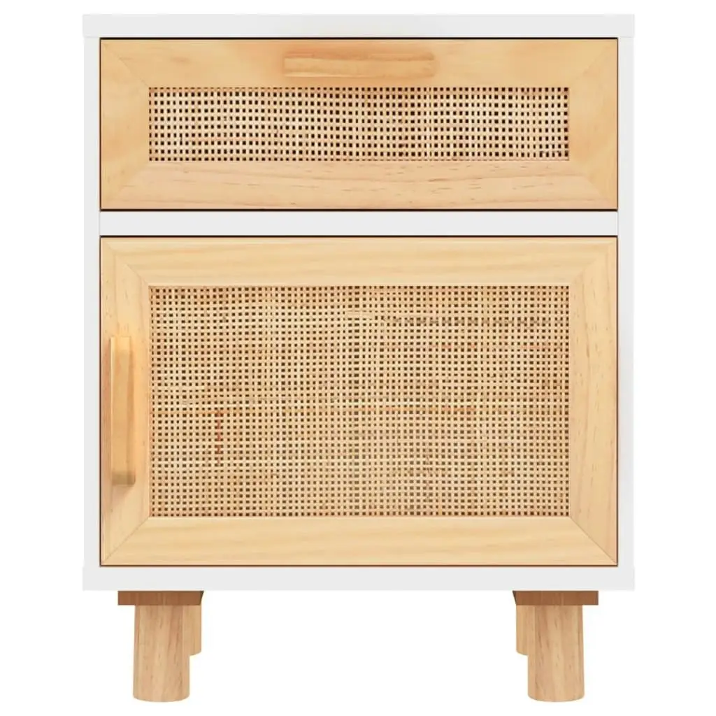 Bedside Cabinet White Solid Wood Pine and Natural Rattan 345606