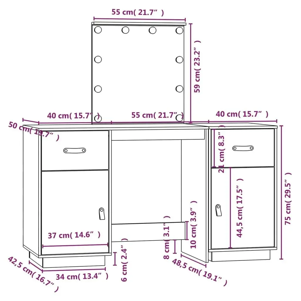 Dressing Table Set with LED Solid Wood Pine 3107839