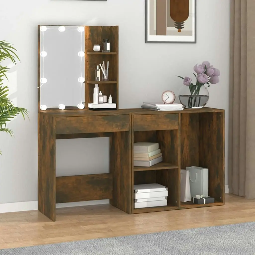 LED Dressing Table with Cabinet Smoked Oak Engineered Wood 3120185