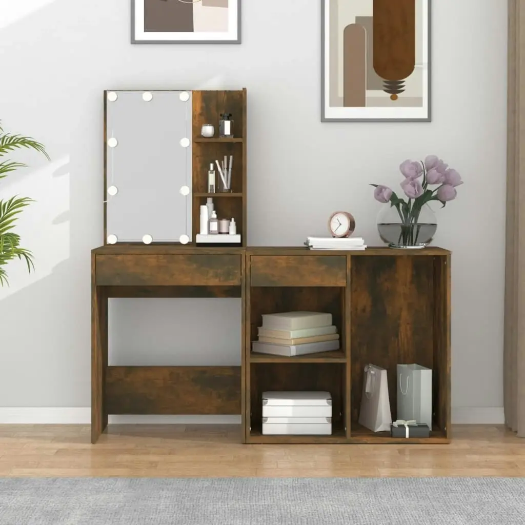 LED Dressing Table with Cabinet Smoked Oak Engineered Wood 3120185