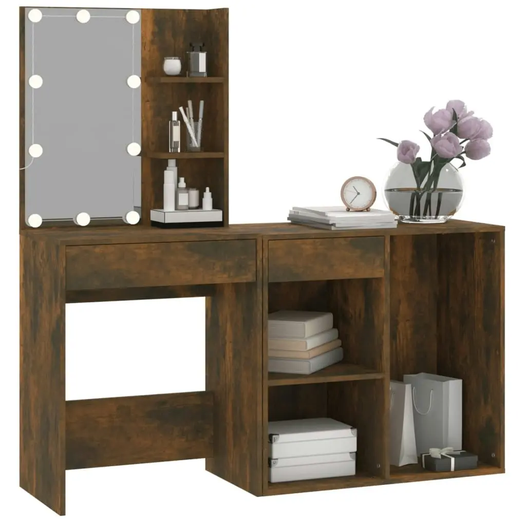 LED Dressing Table with Cabinet Smoked Oak Engineered Wood 3120185