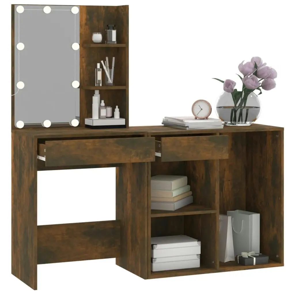 LED Dressing Table with Cabinet Smoked Oak Engineered Wood 3120185