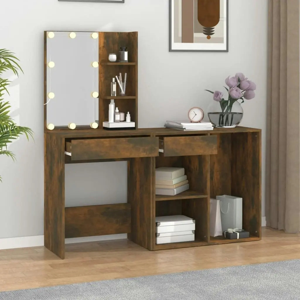 LED Dressing Table with Cabinet Smoked Oak Engineered Wood 3120185