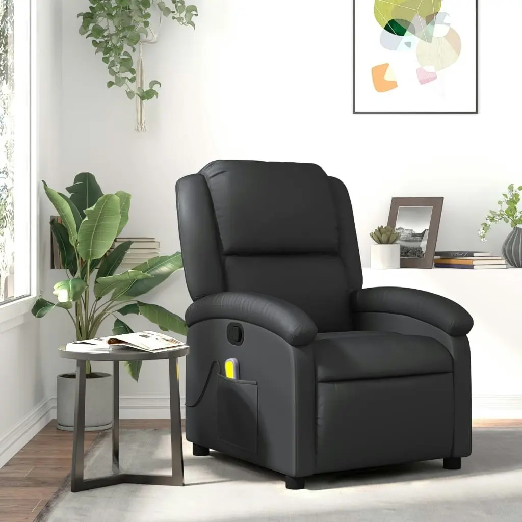 Massage Recliner Chair Black Real Leather 3205924