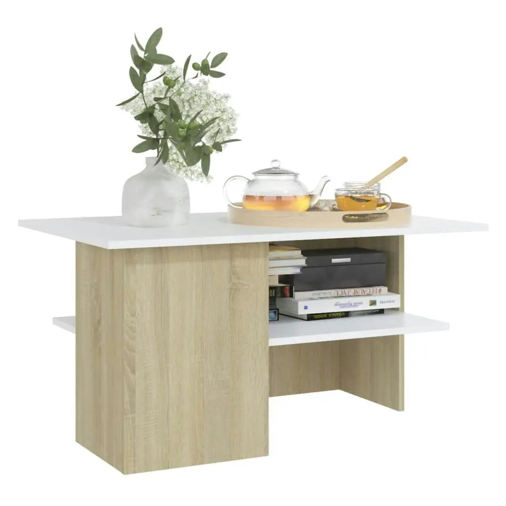 Coffee Table White and Sonoma Oak 90x60x46.5 cm Engineered Wood 806854