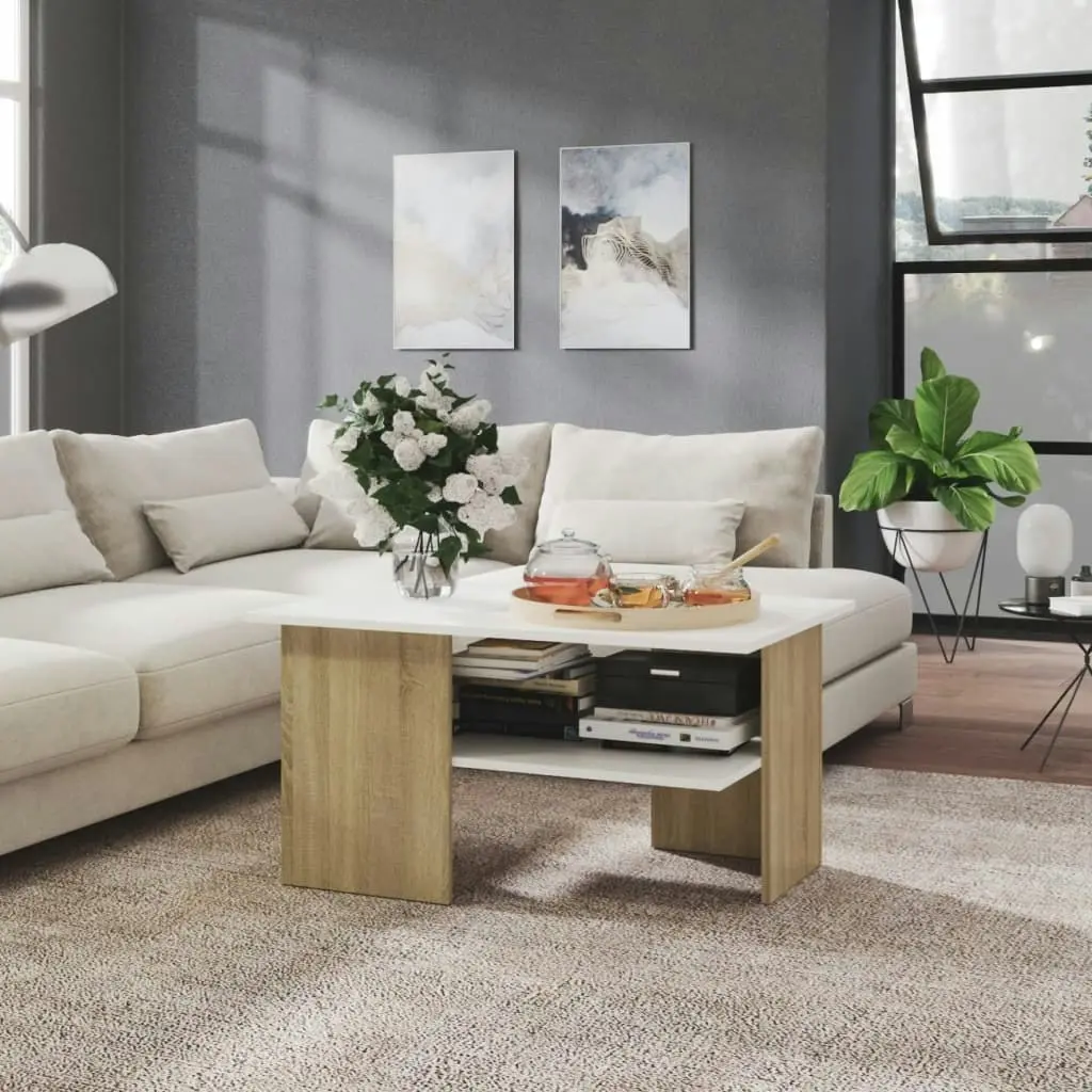 Coffee Table White and Sonoma Oak 90x60x46.5 cm Engineered Wood 806854