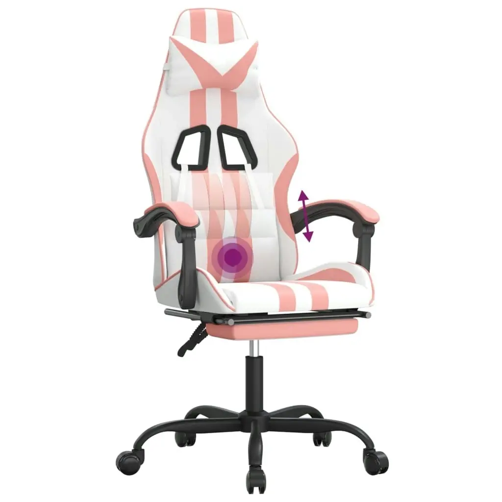 Swivel Gaming Chair with Footrest White&Pink Faux Leather 349540