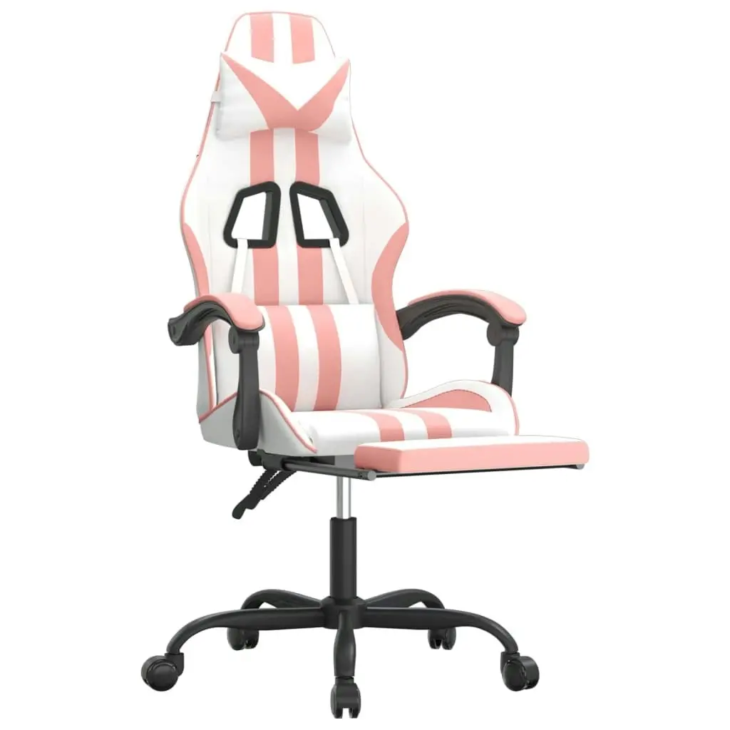 Swivel Gaming Chair with Footrest White&Pink Faux Leather 349540