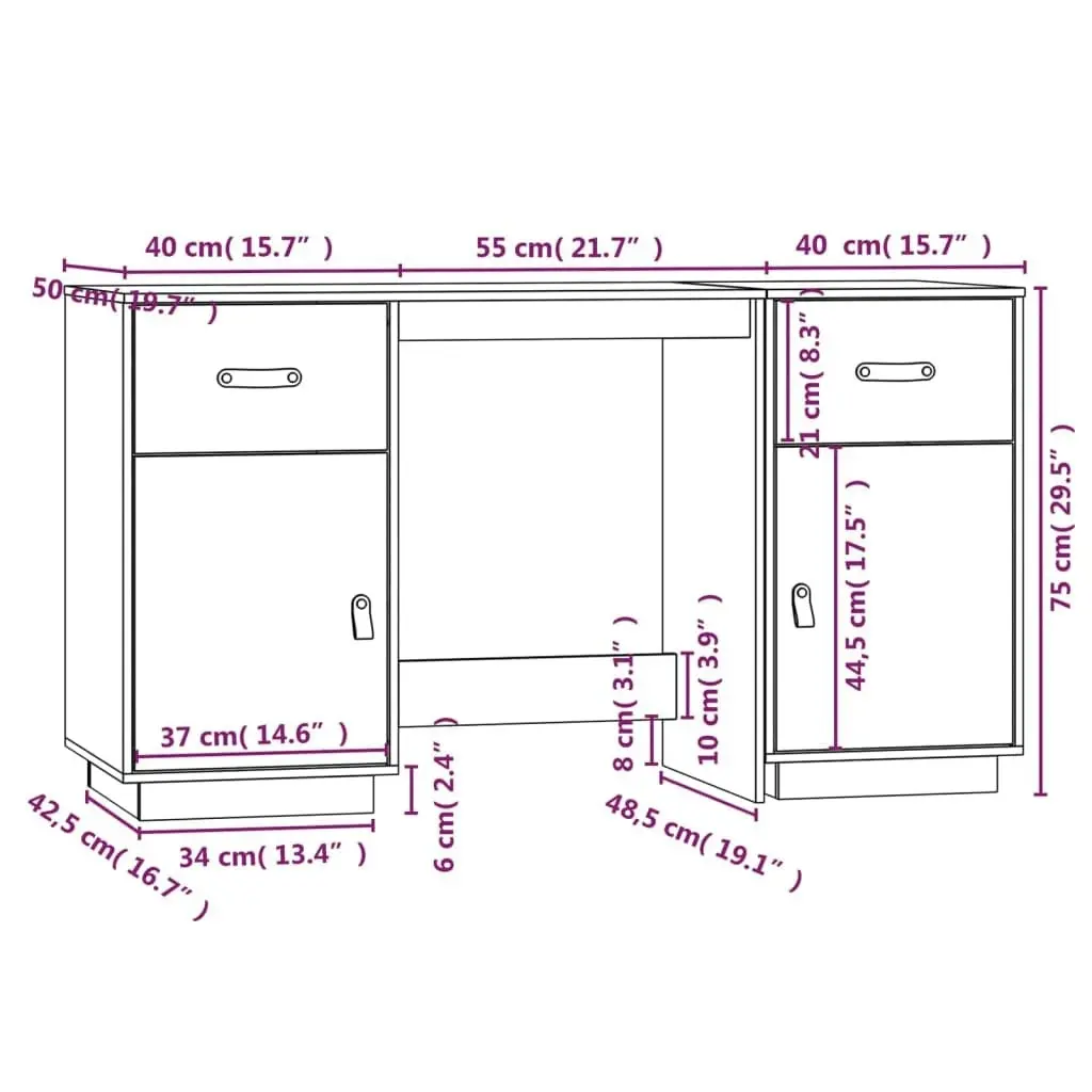 Desk with Cabinets 135x50x75 cm Solid Wood Pine 3107844