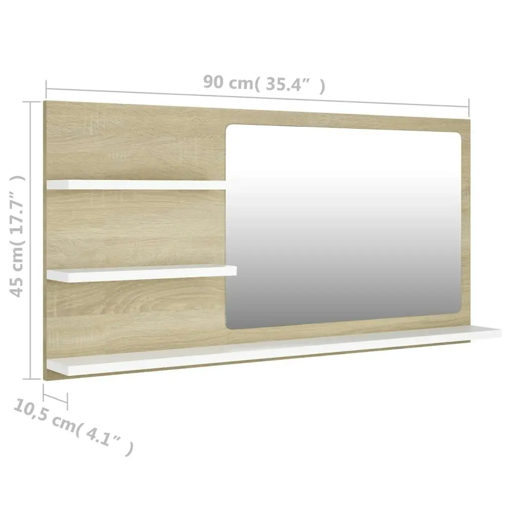 Bathroom Mirror White and Sonoma Oak 90x10.5x45 cm Engineered Wood 805020