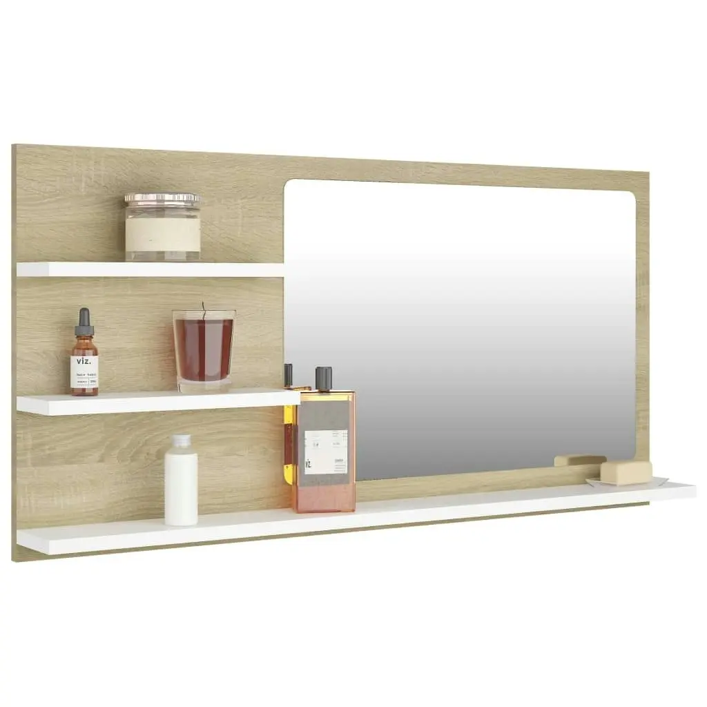 Bathroom Mirror White and Sonoma Oak 90x10.5x45 cm Engineered Wood 805020