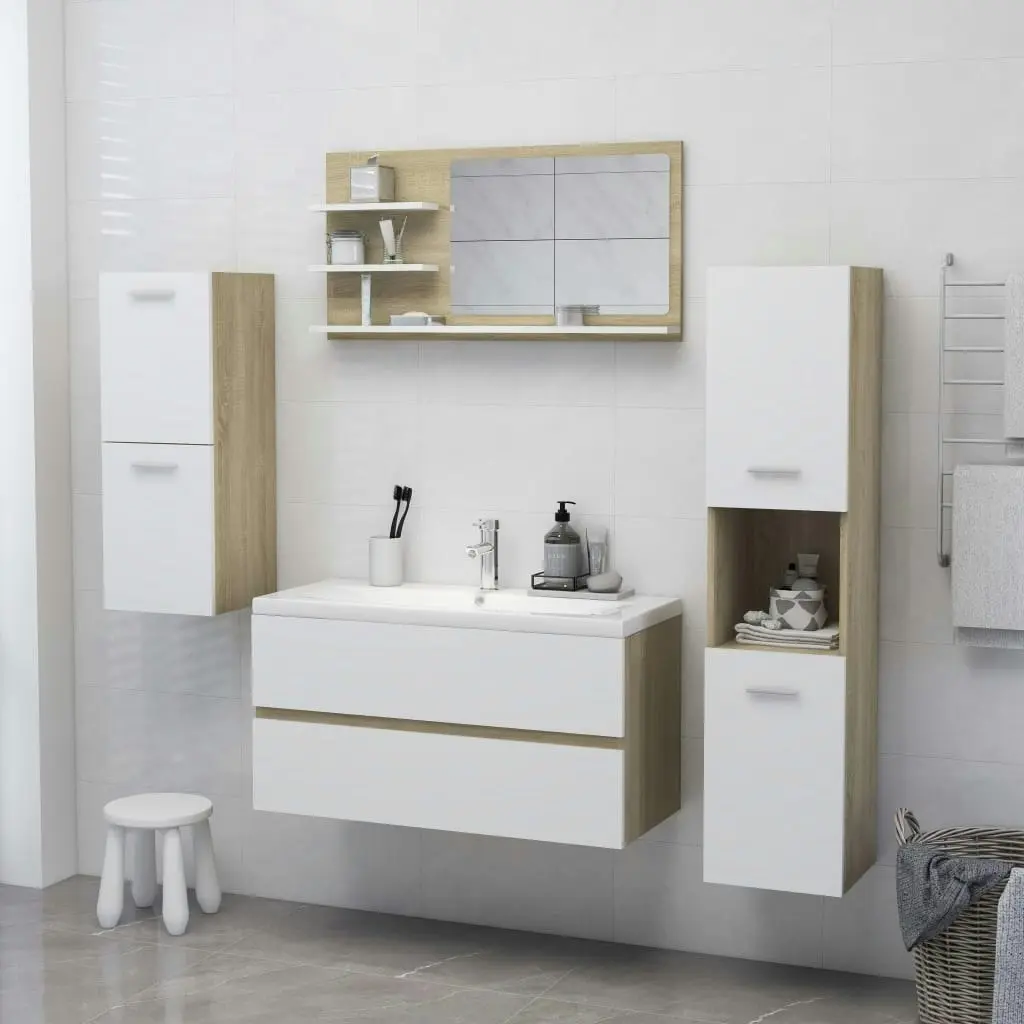 Bathroom Mirror White and Sonoma Oak 90x10.5x45 cm Engineered Wood 805020