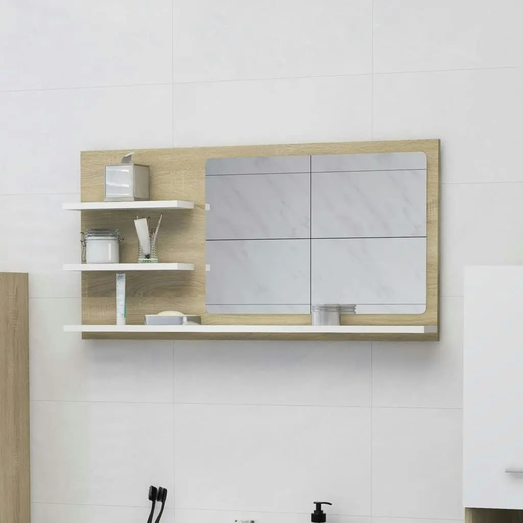 Bathroom Mirror White and Sonoma Oak 90x10.5x45 cm Engineered Wood 805020