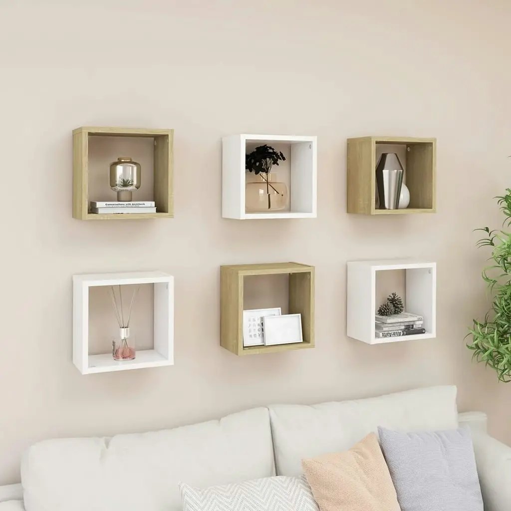 Wall Cube Shelves 6 pcs White and Sonoma Oak 26x15x26 cm 807042