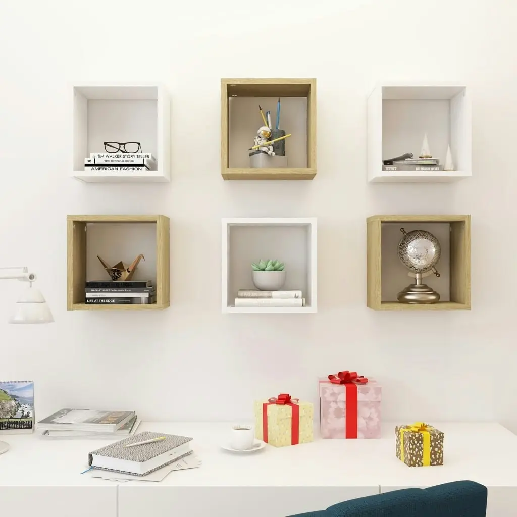 Wall Cube Shelves 6 pcs White and Sonoma Oak 26x15x26 cm 807042