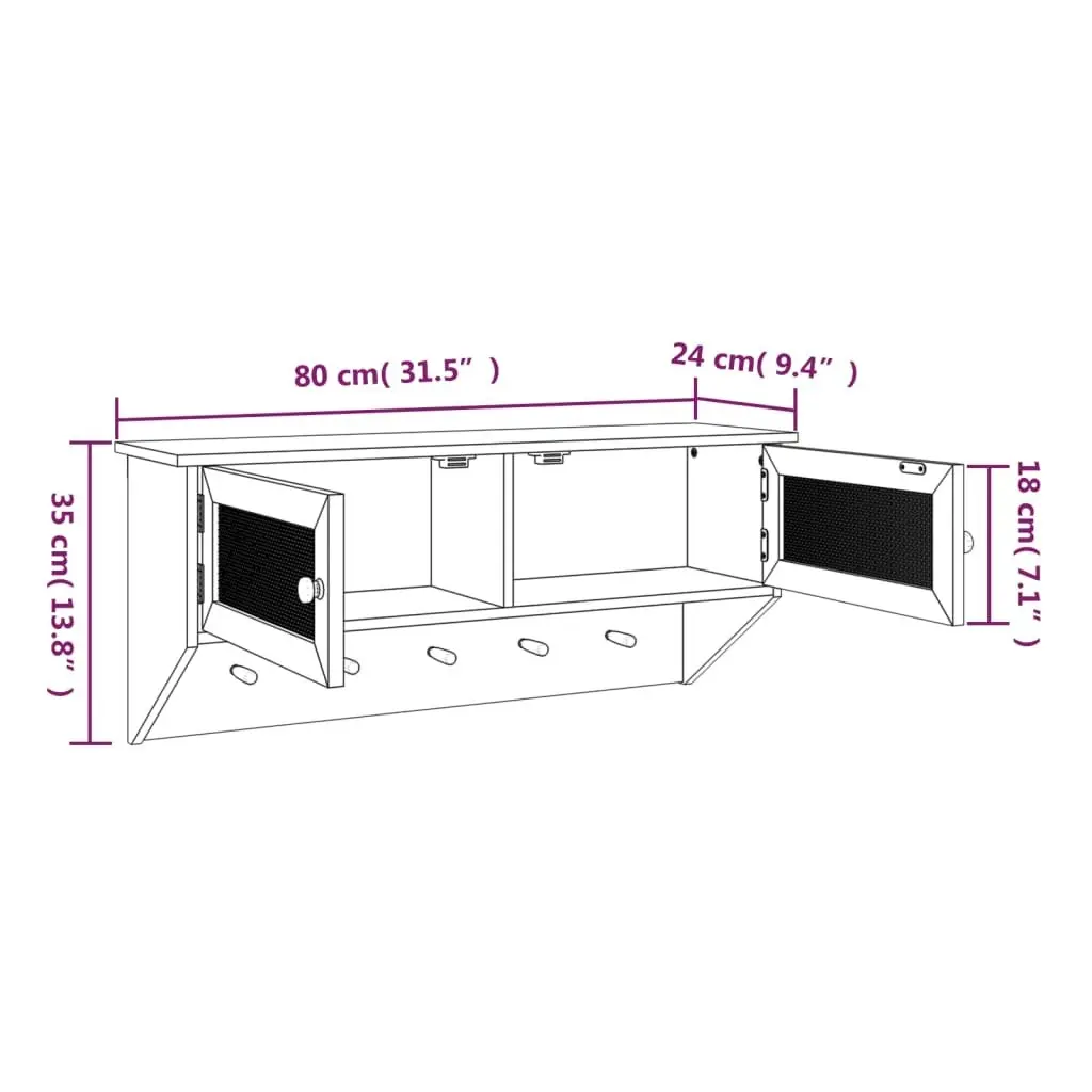 Wall-mounted Coat Rack Black Engineered Wood and Natural Rattan 345652