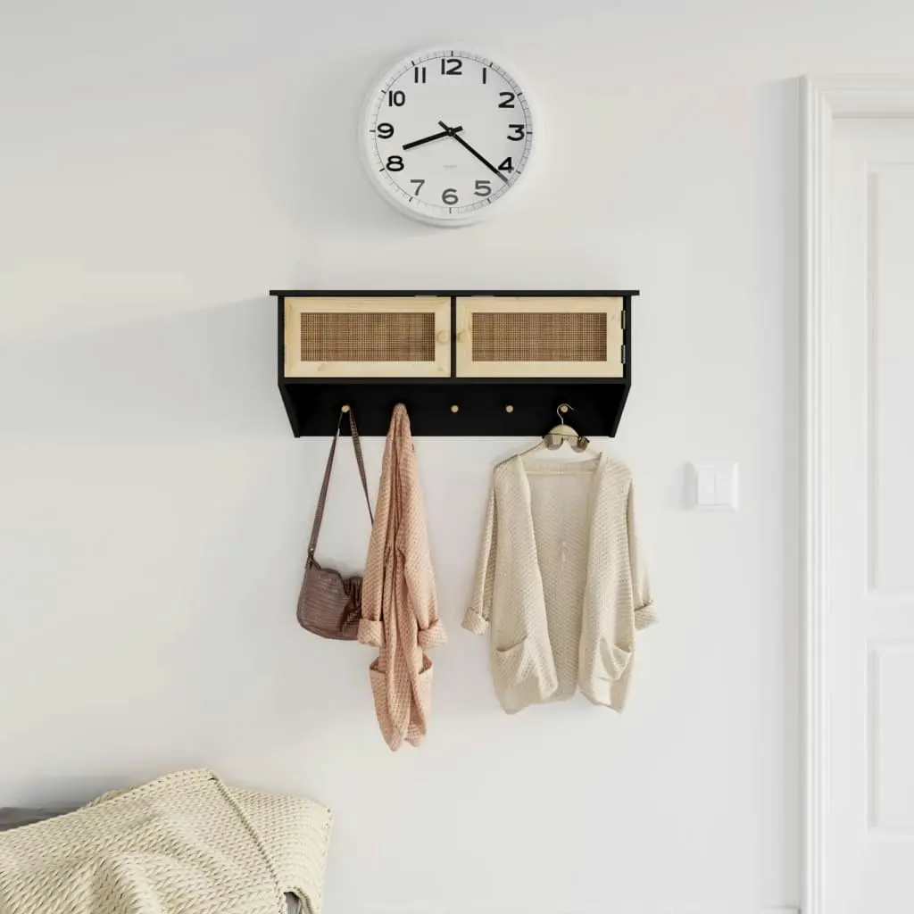 Wall-mounted Coat Rack Black Engineered Wood and Natural Rattan 345652