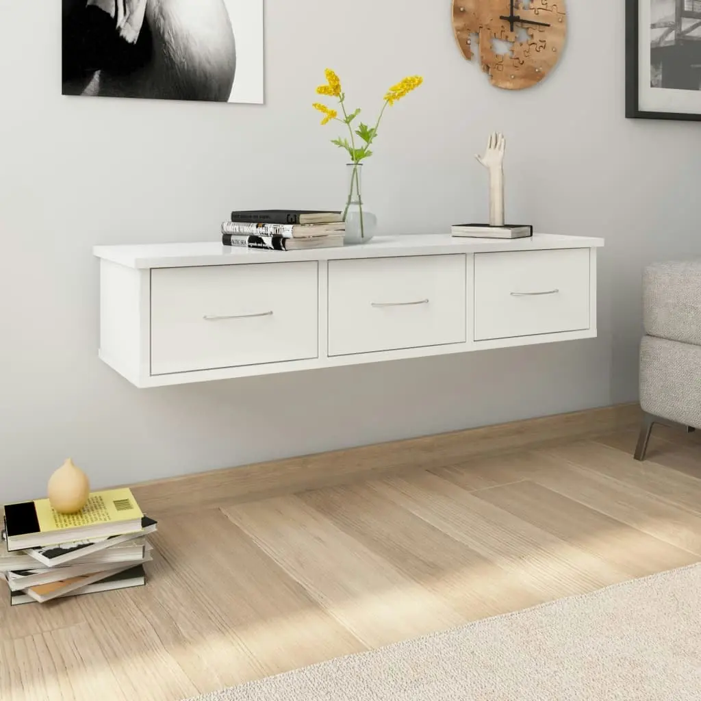 Wall-mounted Drawer Shelf High Gloss White 88x26x18.5 cm Engineered Wood 800600