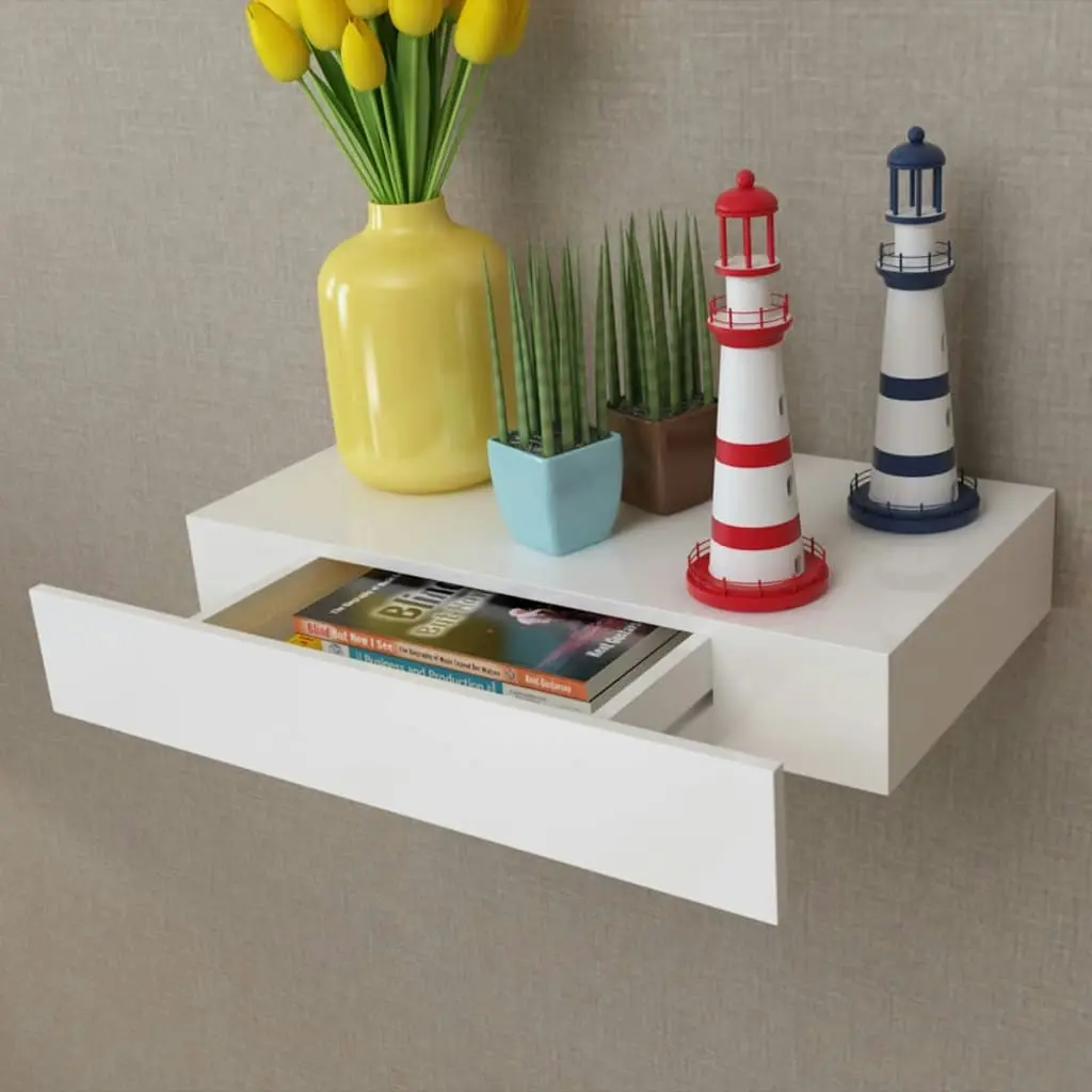 White MDF Floating Wall Display Shelf 1 Drawer Book/DVD Storage 242187