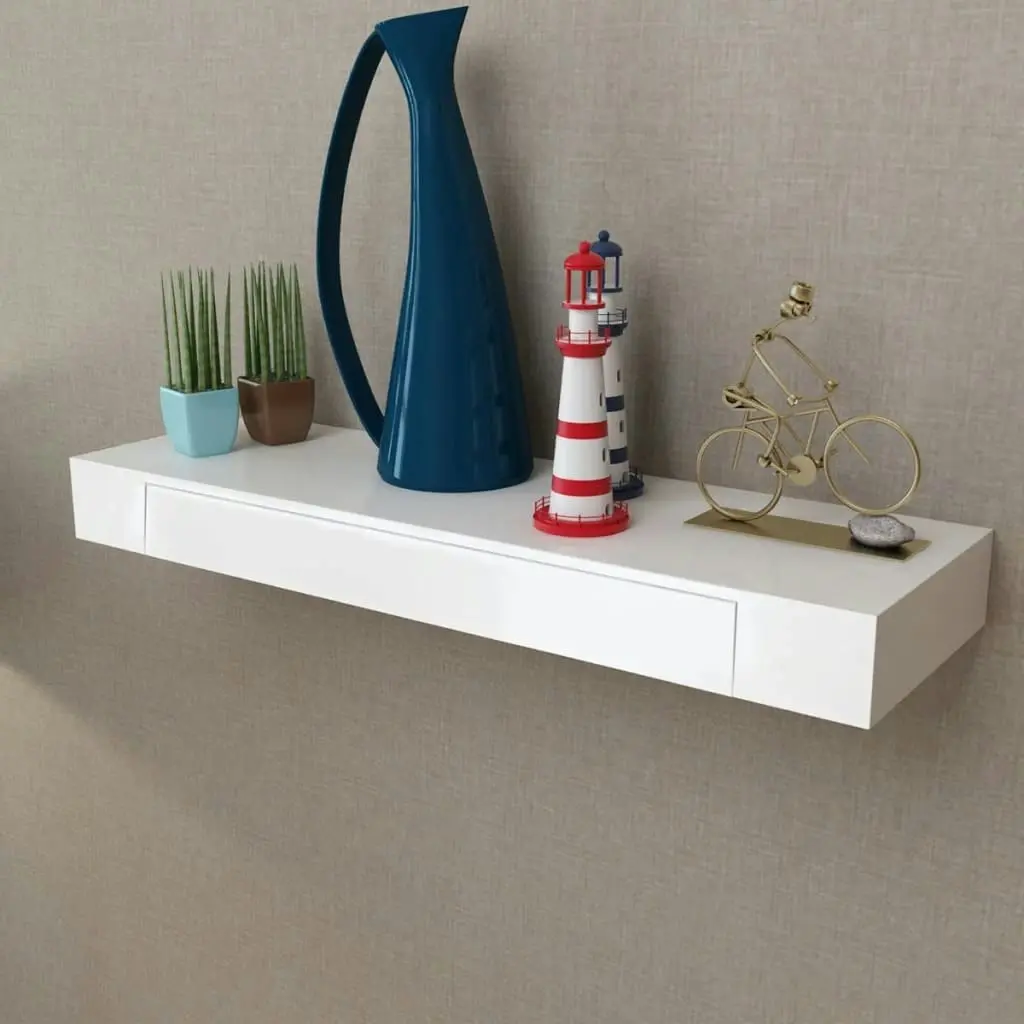 White MDF Floating Wall Display Shelf 1 Drawer Book/DVD Storage 242188