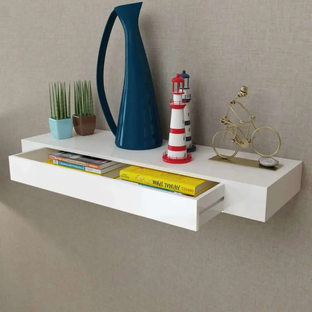 White MDF Floating Wall Display Shelf 1 Drawer Book/DVD Storage 242188