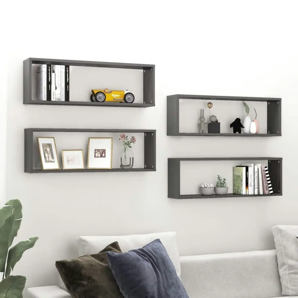 Wall Cube Shelves 4 pcs High Gloss Grey 80x15x26.5 cm Engineered Wood 807131