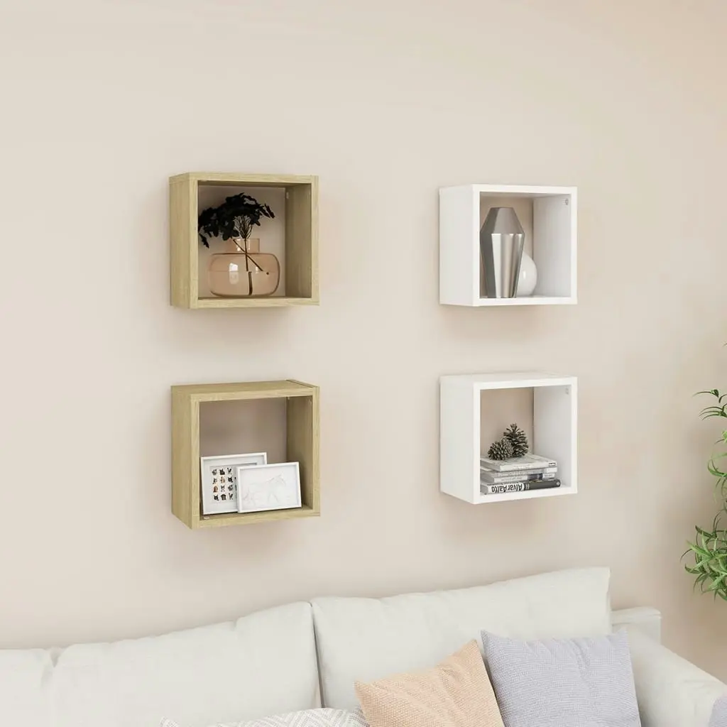 Wall Cube Shelves 4 pcs White and Sonoma Oak 26x15x26 cm 807041