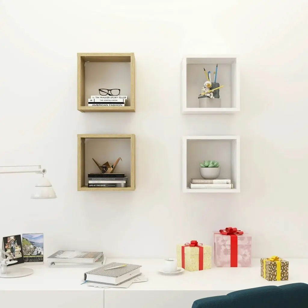 Wall Cube Shelves 4 pcs White and Sonoma Oak 26x15x26 cm 807041