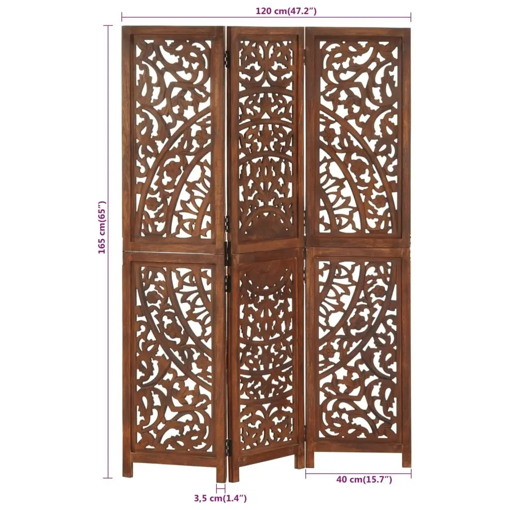 Hand carved 3-Panel Room Divider Brown 120x165 cm Solid Mango Wood 285338