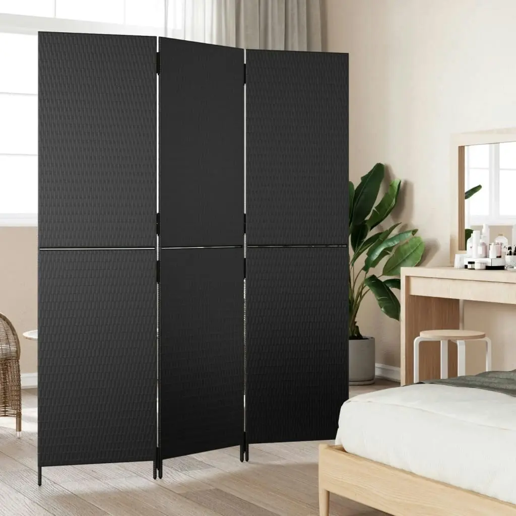 Room Divider 3 Panels Black Poly Rattan 365340