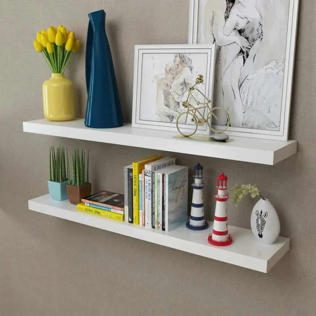 2 White MDF Floating Wall Display Shelves Book/DVD Storage 242185