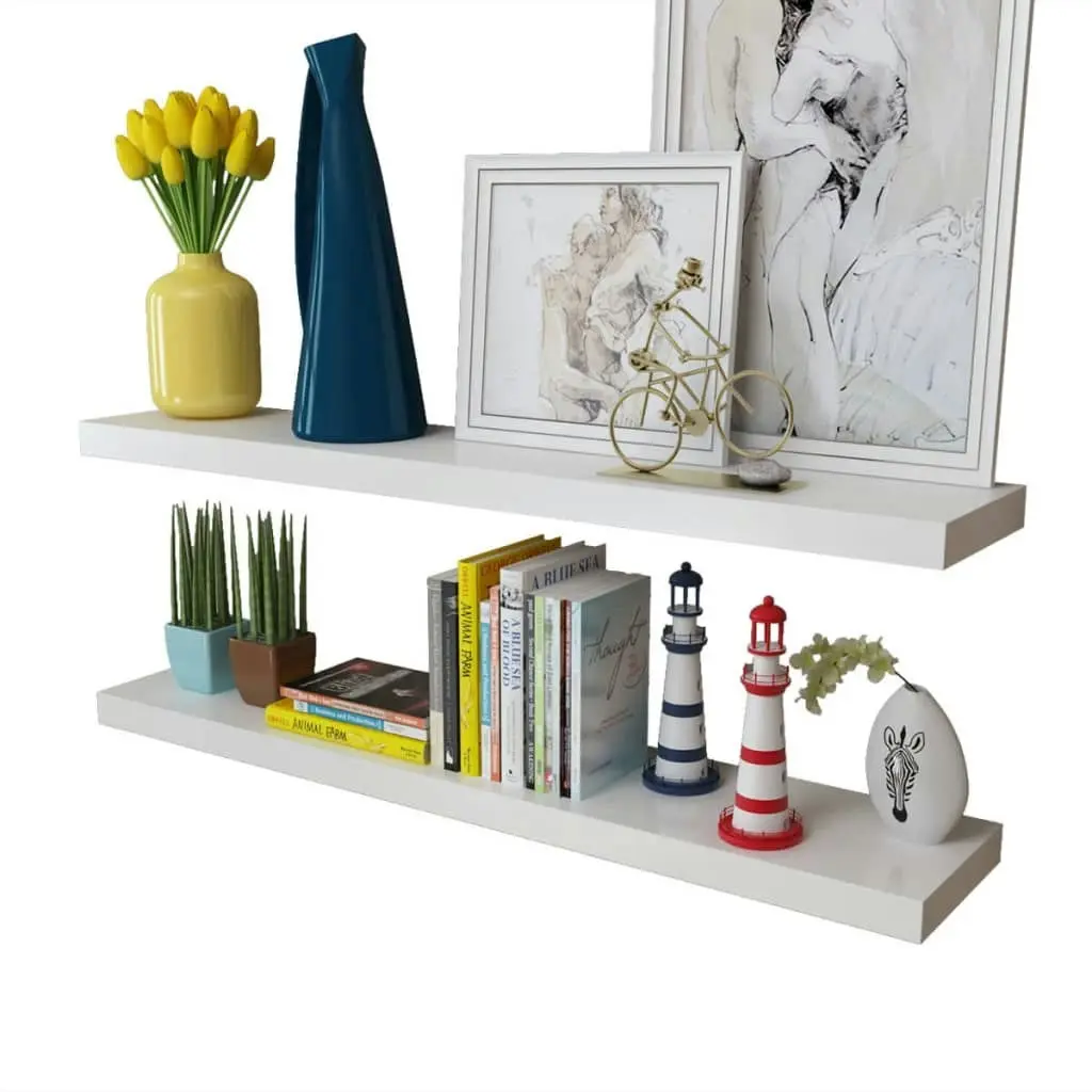 2 White MDF Floating Wall Display Shelves Book/DVD Storage 242185